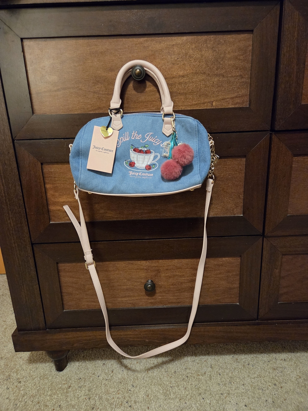 Juicy Couture Blue Crossbody Dome Bag with Pink Trim & Pom Pom